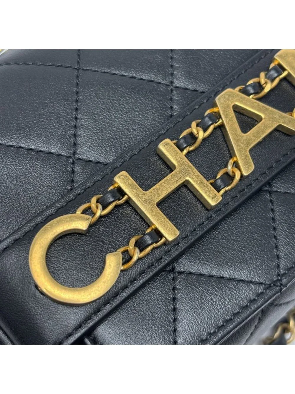 Chanel Shoulder Bag Quilted Logo Chain Black Gold Lambskin